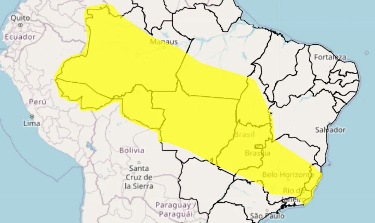 o mapa mostra as áreas em alerta amarelo para chuva e temporais